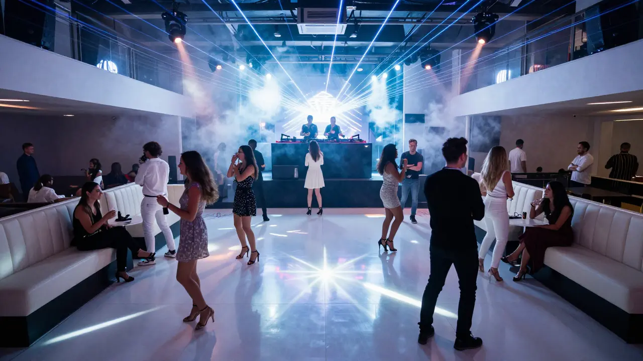 Crowd dancing on a white-lit dance floor under neon lasers in a high-end Abu Dhabi nightclub.
