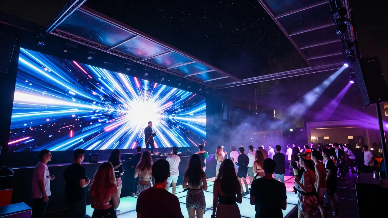 Crowd dancing on glowing floor in White Dubai nightclub with LED walls and open roof.