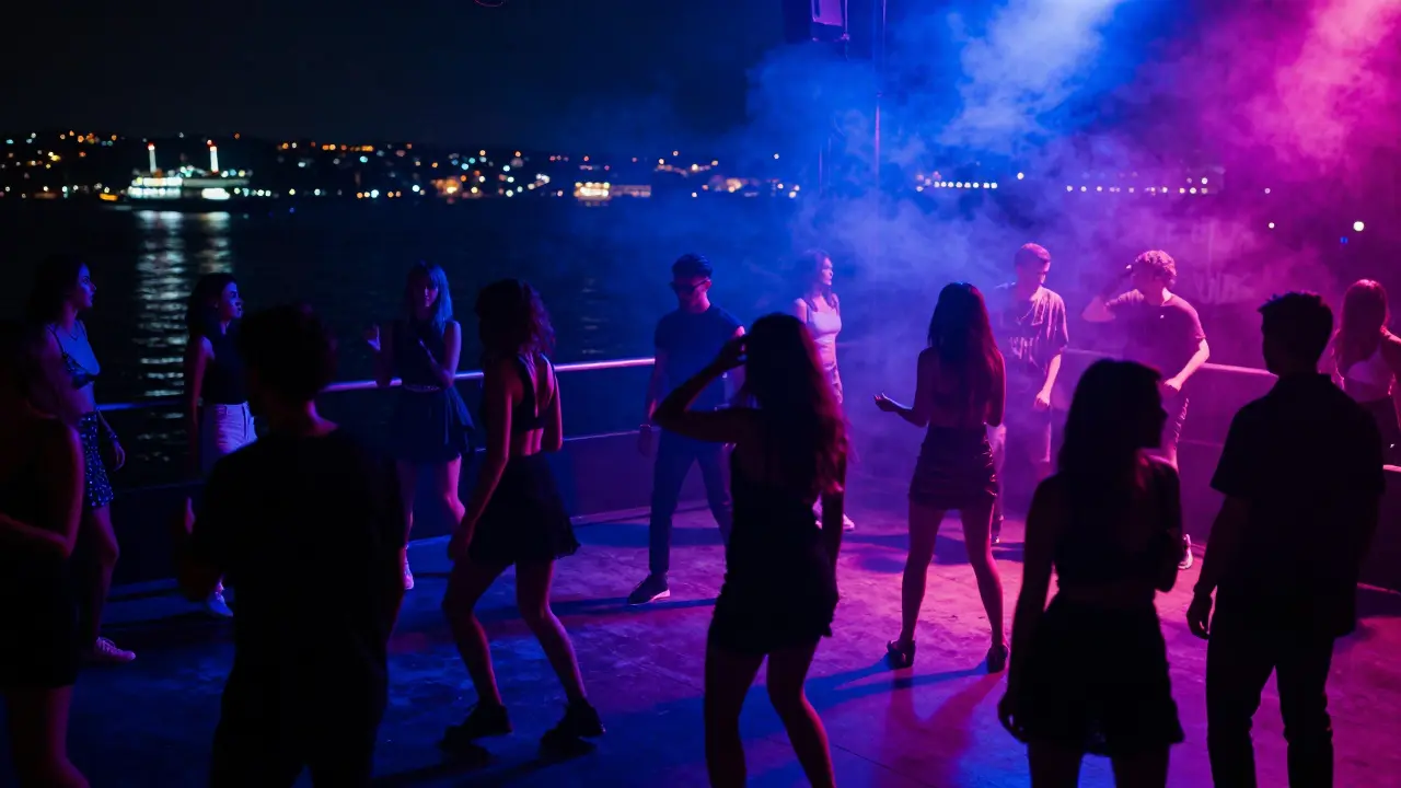 Dancers silhouetted under neon lights at a nightclub by the Bosphorus shore at night.