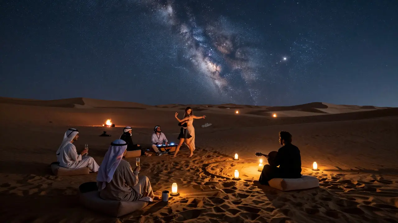 Desert amphitheater at night with lanterns, oud player, and guests dancing under the Milky Way.