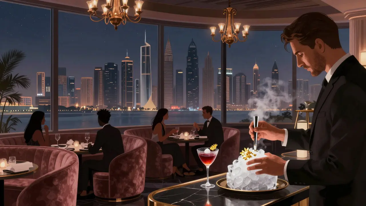 Elegant lounge with guests enjoying golden cocktails under soft lights and city views.