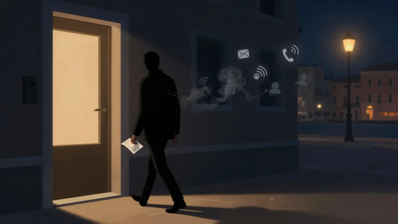 Figure walking away from hotel door as digital traces dissolve into smoke at night.