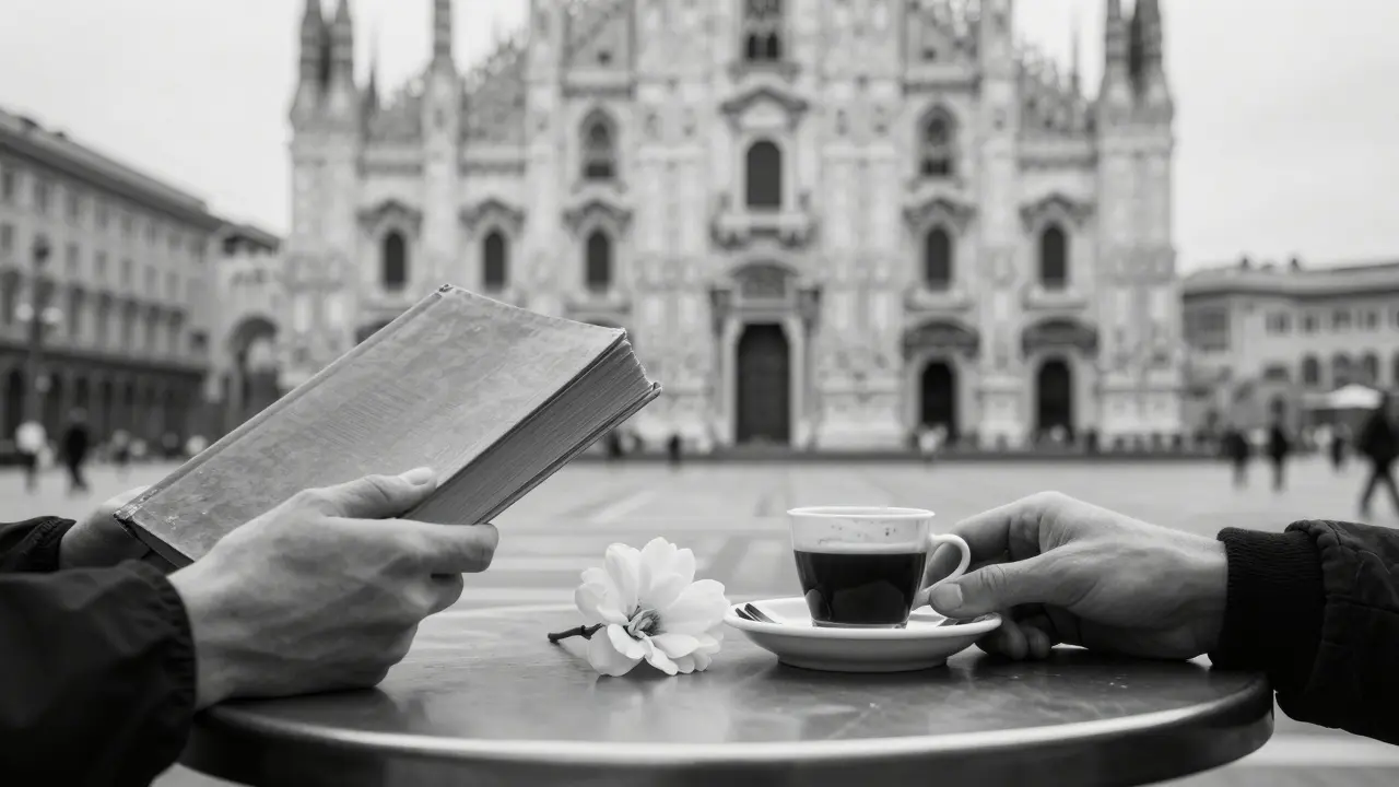 Hands on a café table with a flower and espresso cup, no faces, evoking quiet connection and presence in Milan.