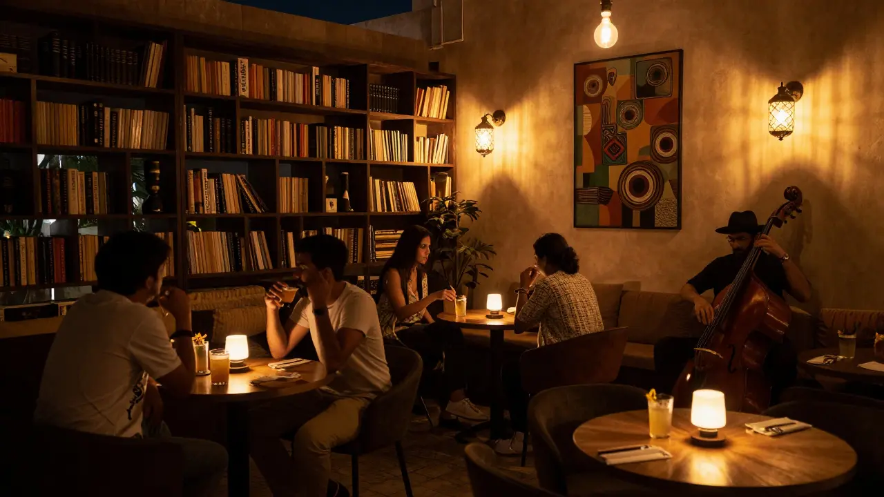 Hidden artsy lounge in Alserkal Avenue with soft lighting, jazz music, and craft cocktails.