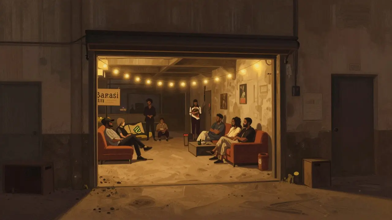 Hidden beach-themed bar in Alserkal Avenue with string lights and relaxed guests.