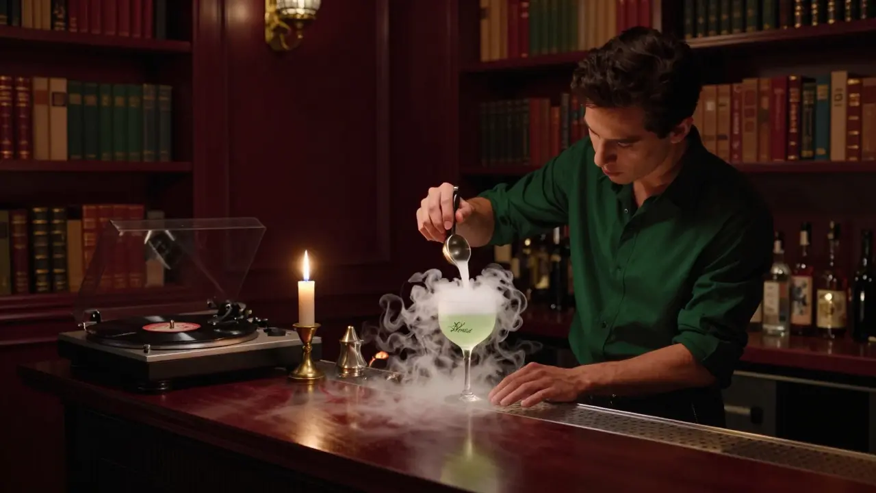 Intimate Brera bar with a mixologist creating a smoky cocktail among bookshelves and candlelight.