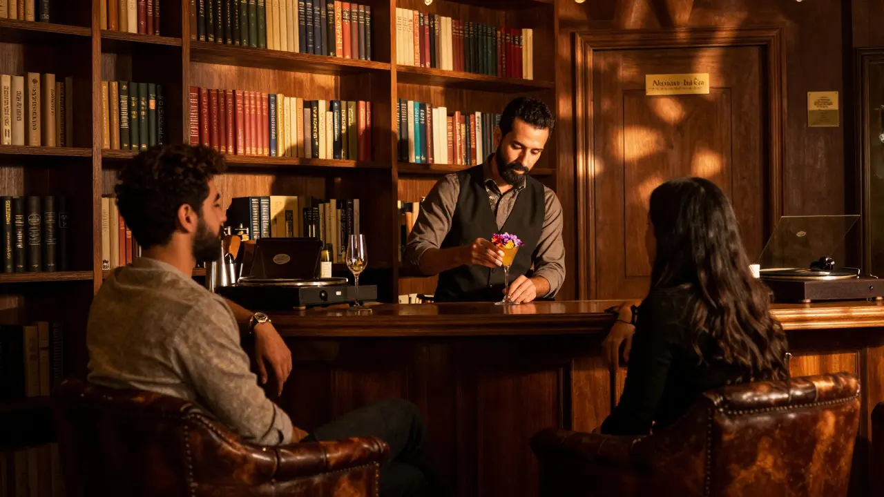 Intimate speakeasy bar hidden behind a bookshelf with warm lighting and cocktails being prepared.