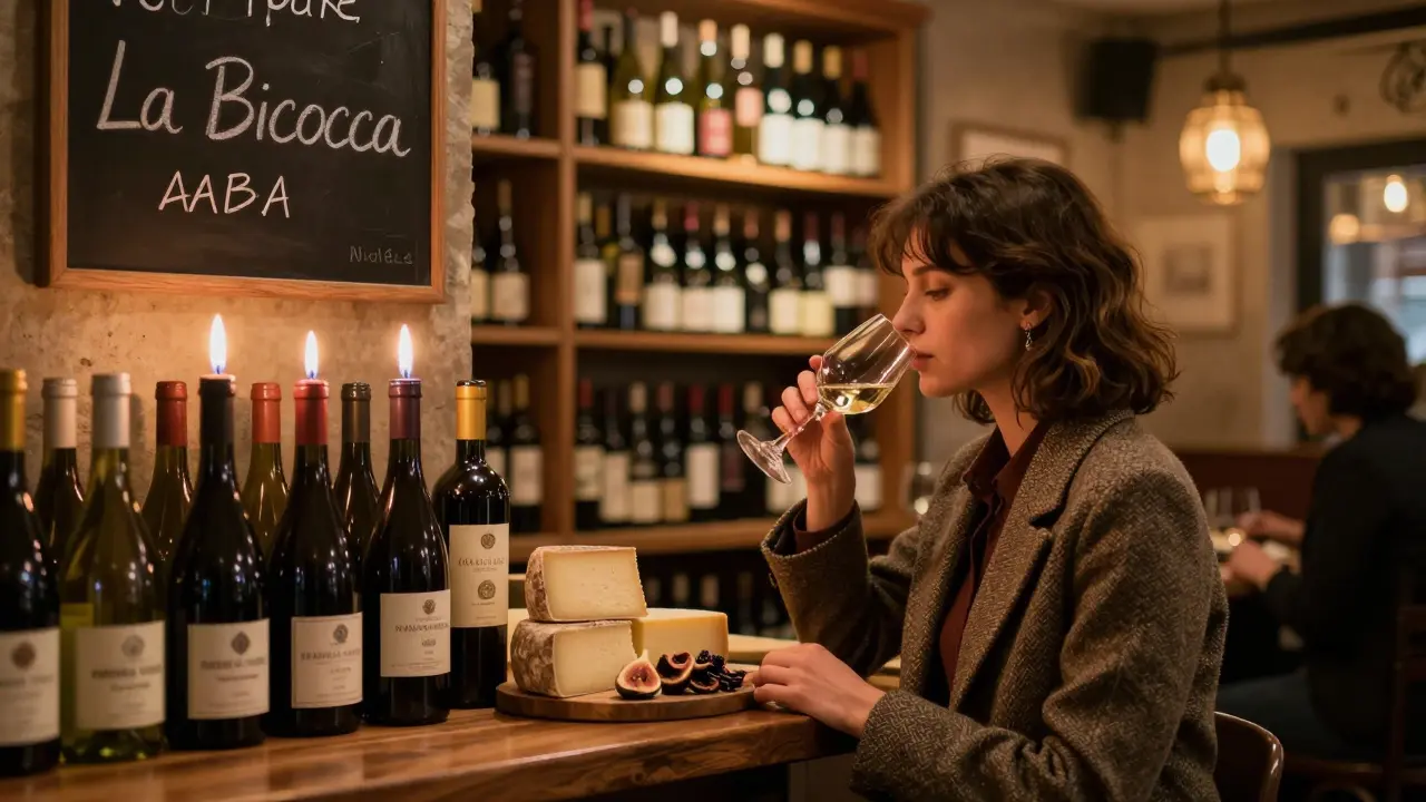 Intimate wine bar with handwritten bottle labels, candles, and local cheeses on wooden table.