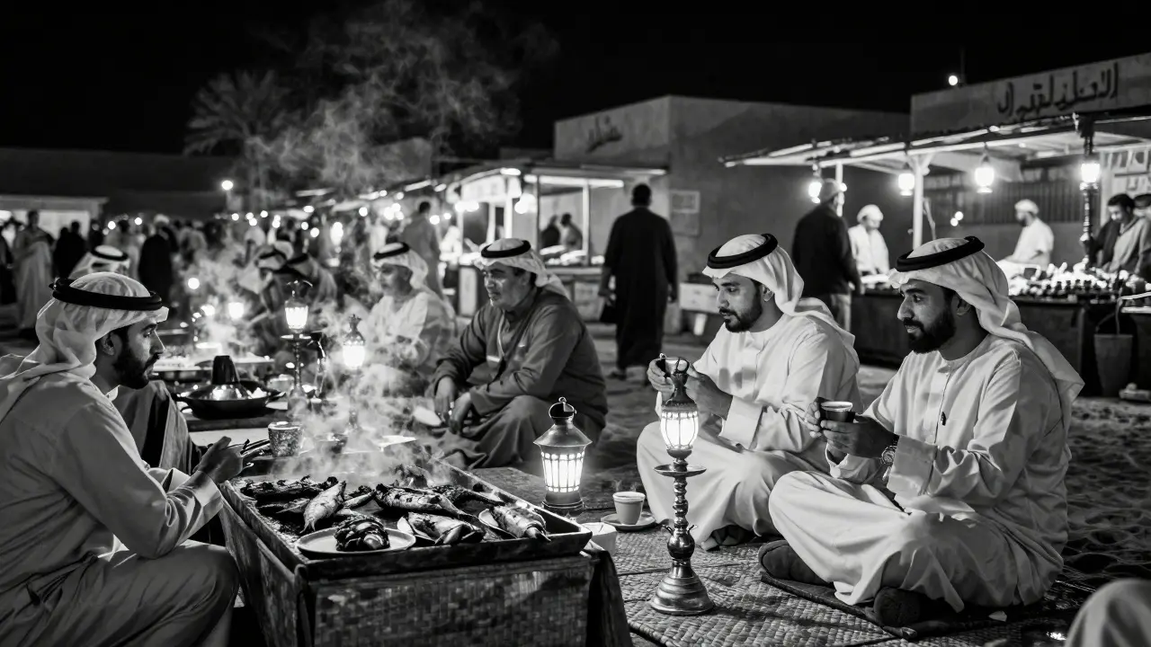 Late-night fish market with glowing stalls and people chatting over coffee and shisha in quiet intimacy.