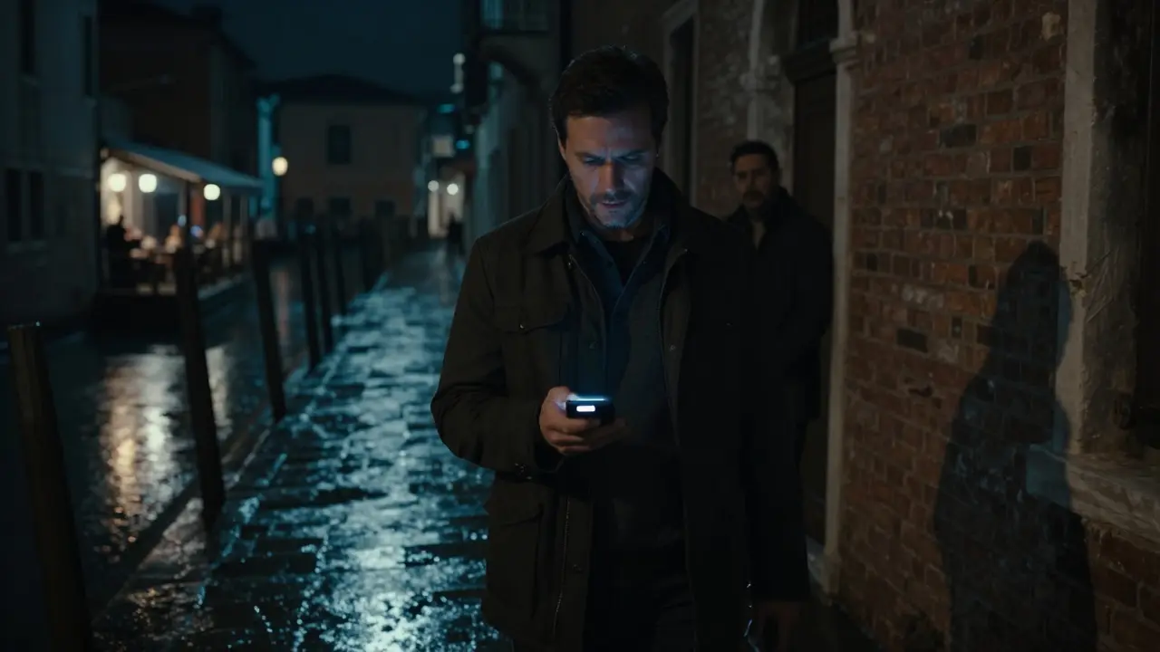 Man walking alone at night in Milan&#039;s Navigli district, looking cautious, encrypted phone in hand, shadows nearby.