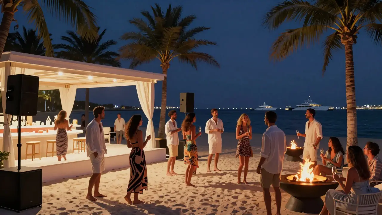 Open-air beach club with sand dance floor, fire pits, and guests in stylish attire under starlit sky.
