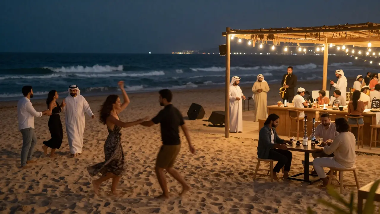 People dancing on a beach at night under lanterns, with a saxophonist playing and ocean waves in the background.