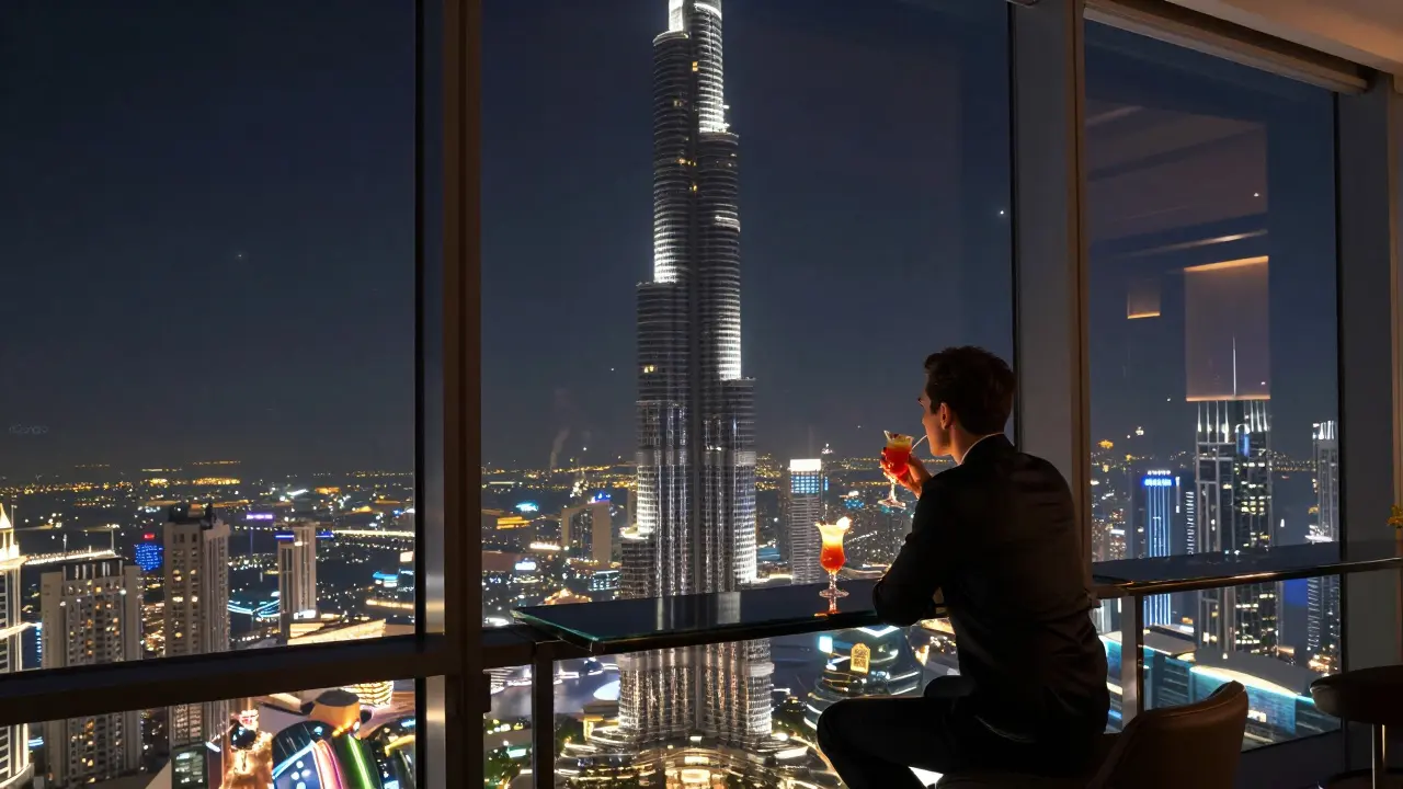Person enjoying a drink at At.mosphere with breathtaking view of Dubai&#039;s lights below.