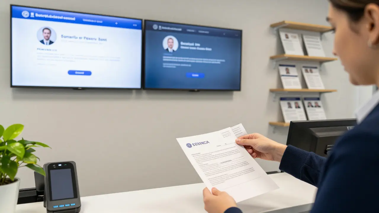 Professional escort agency office with digital profiles and payment receipt, emphasizing safety and verification.