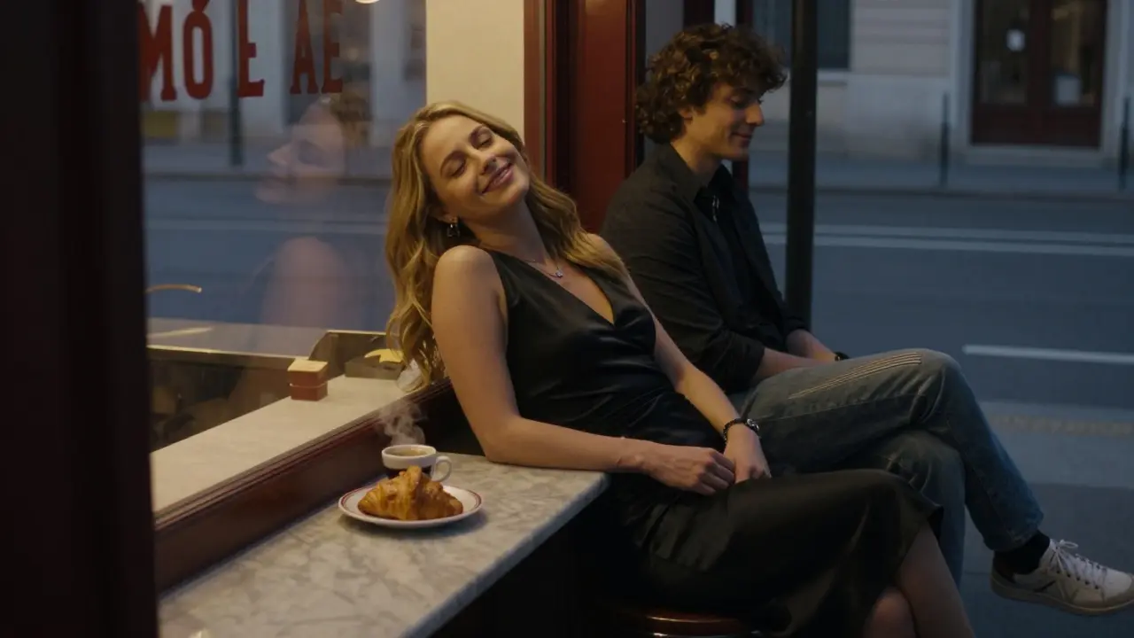 Quiet 3 a.m. café with espresso and croissant, two patrons resting after a night out.