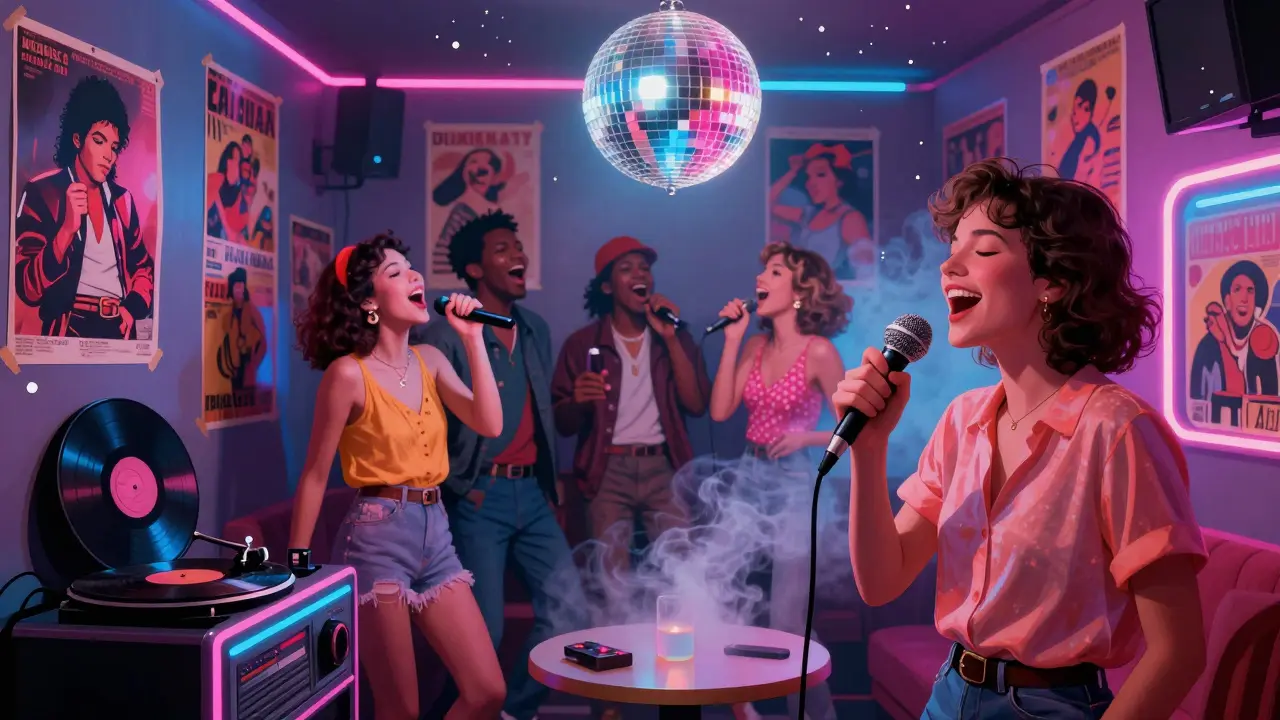 Retro 80s karaoke room with disco ball and vintage music posters in Dubai.