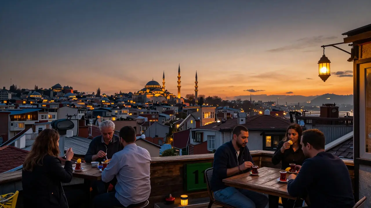 Rooftop at Leb-i Derya at dusk with city lights and çay cups on terrace.