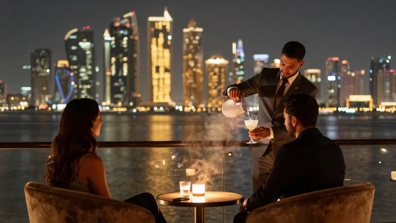 Rooftop bar with skyline reflections, bartender pouring a smoky cocktail under warm ambient lighting.