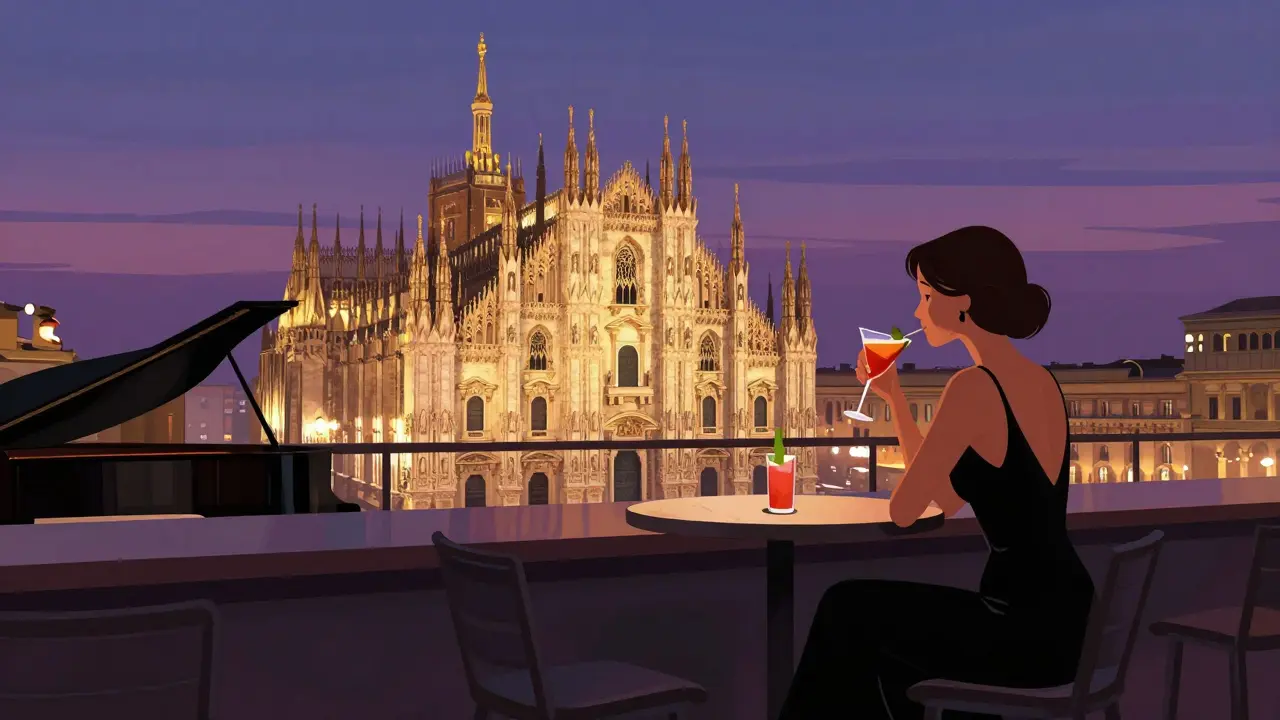 Rooftop bar with view of Milan's Duomo at twilight, woman sipping cocktail as piano plays softly.