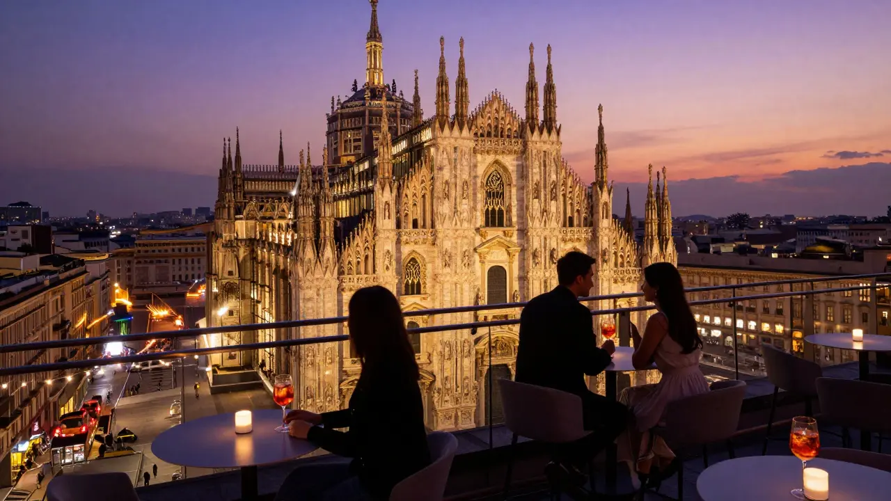 Rooftop terrace at sunset with Milan skyline glowing, couples enjoying Aperol Spritz.
