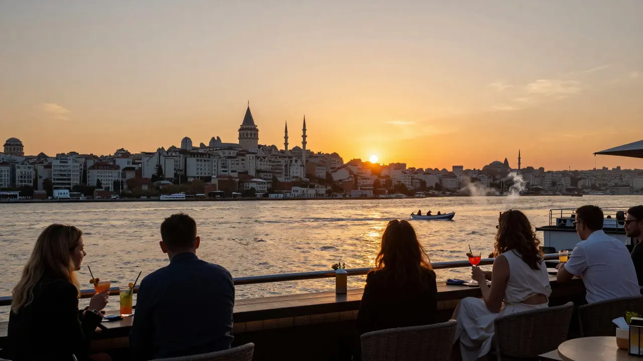 Rooftop view of Istanbul at sunset with the Bosphorus glowing and minarets in the distance.