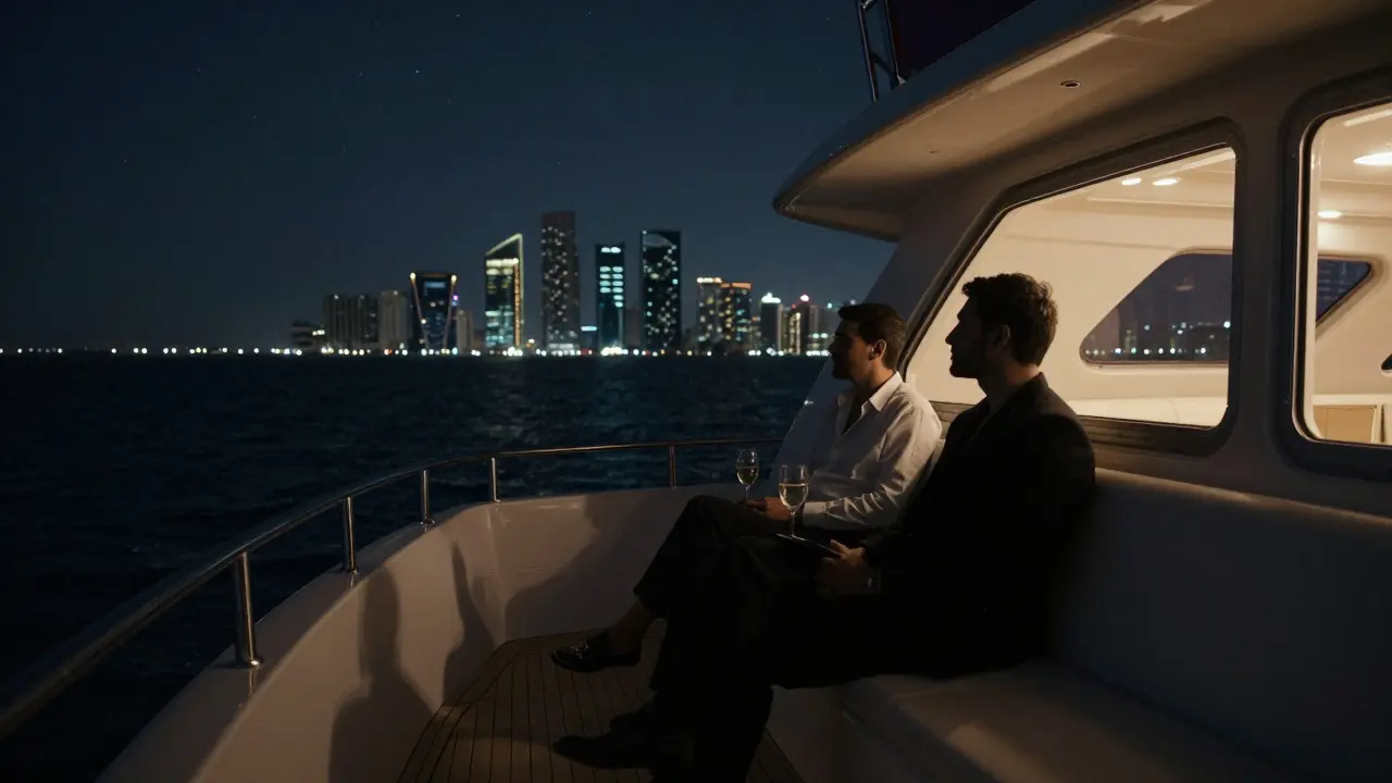 Silhouettes on a private yacht at midnight, gently anchored on the Persian Gulf under a starry sky.