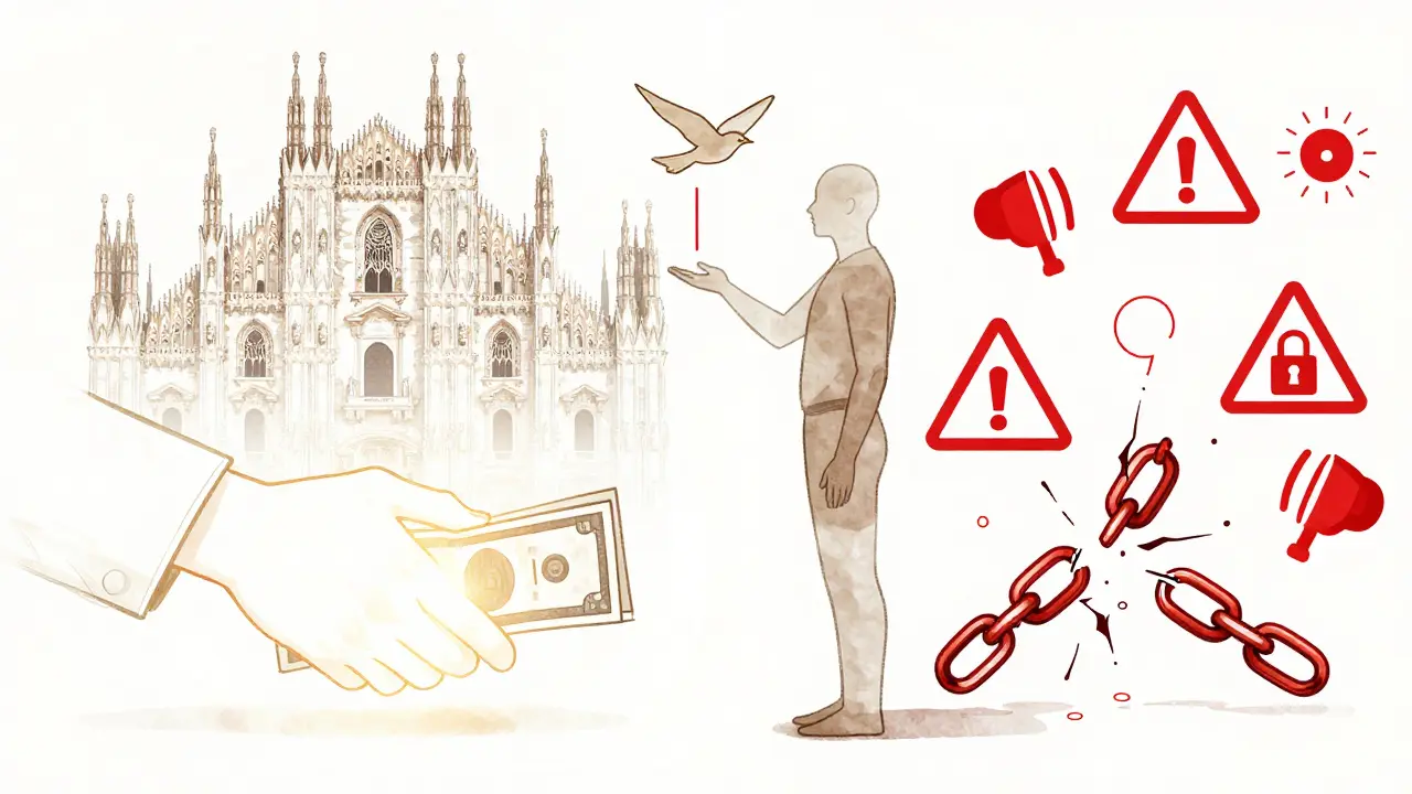 Symbolic image of a person choosing between respectful companionship and danger, with glowing handshake and warning signs.