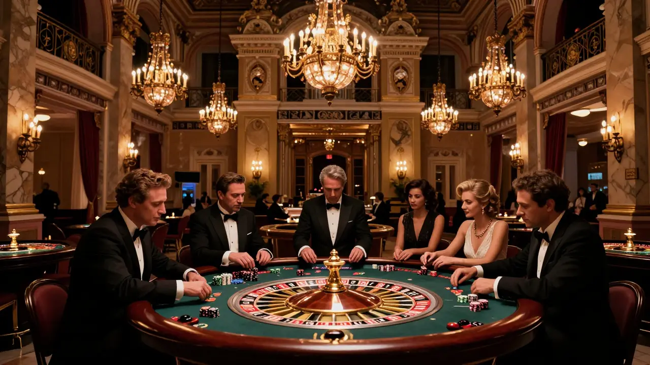 The grand Monte Carlo Casino at night, with guests in formal attire around roulette tables under chandeliers.