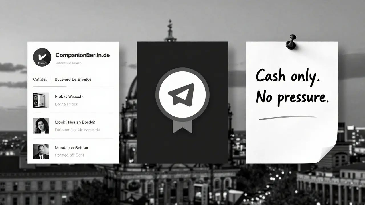 Three discreet digital and handwritten elements representing ethical companion services in Berlin.