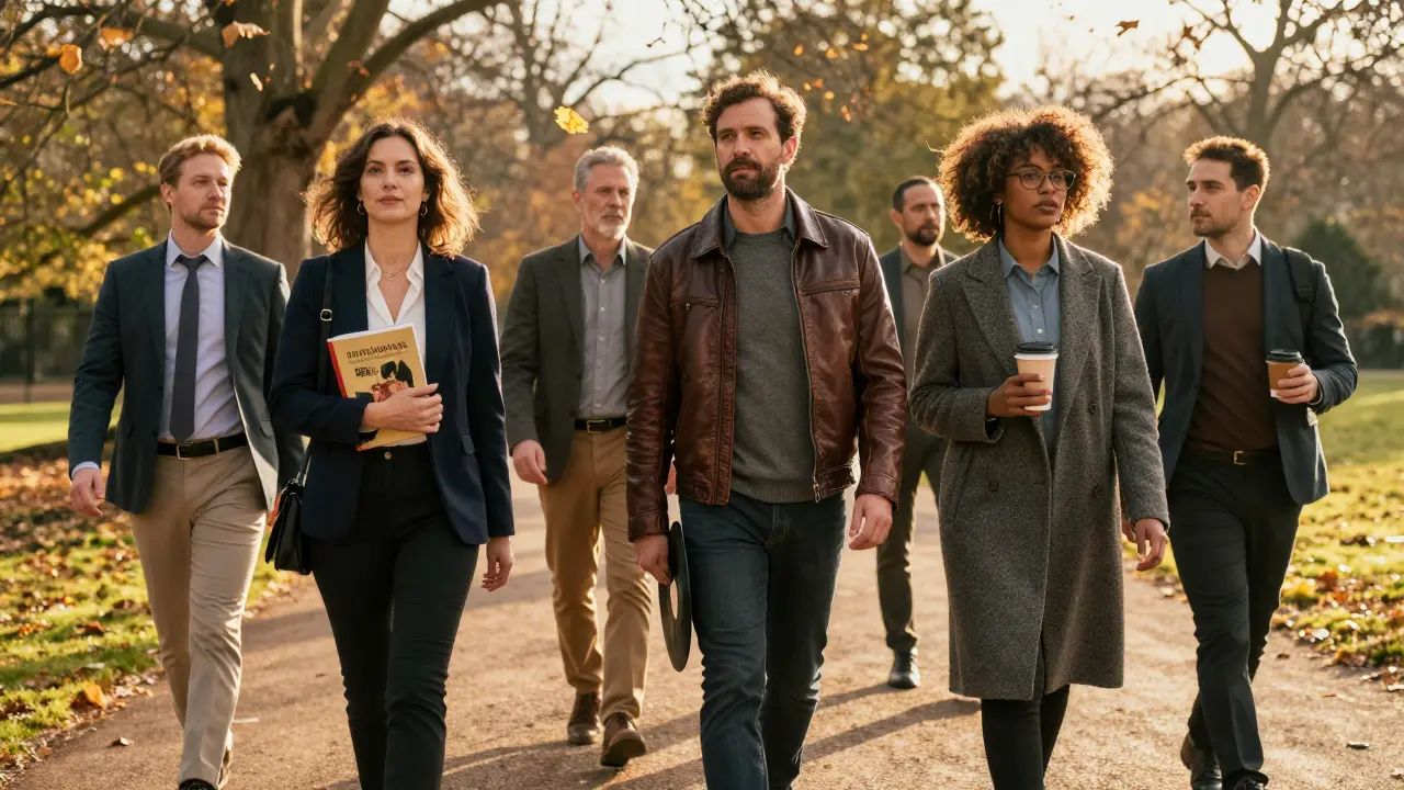 Three diverse individuals walking peacefully through Hyde Park at sunset, carrying books and records.