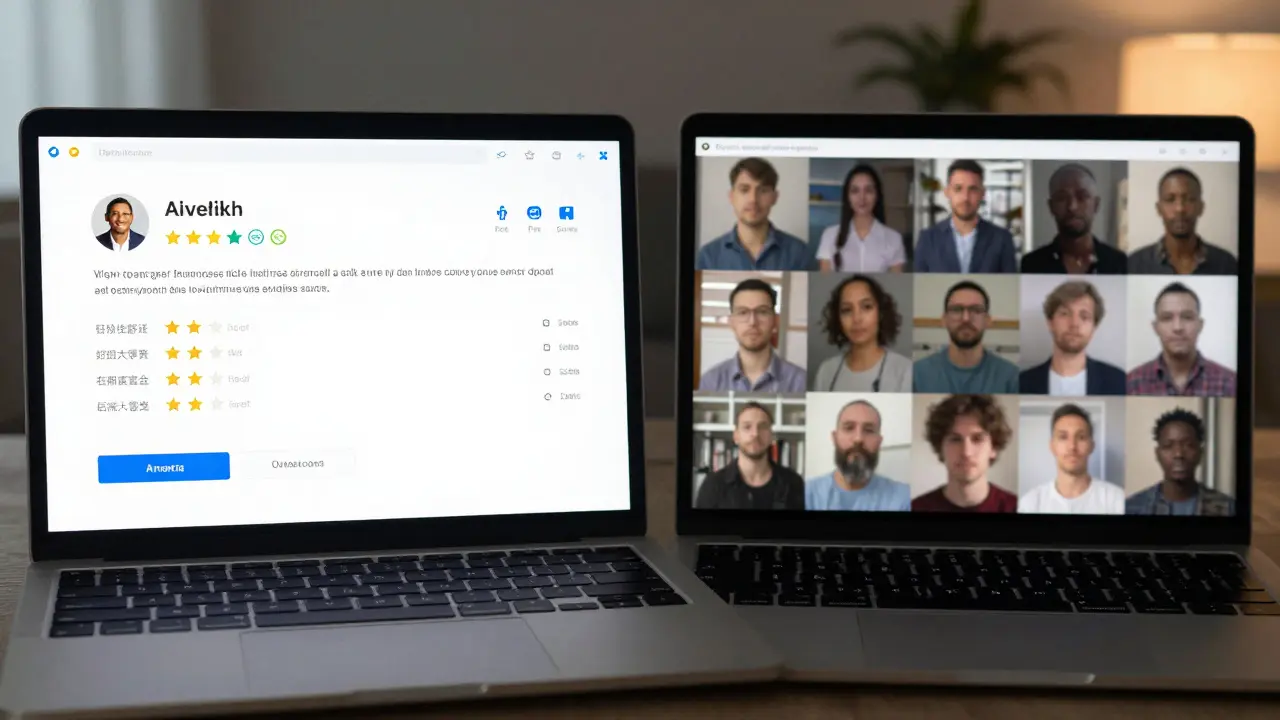 Two contrasting escort profiles on a laptop—one authentic and detailed, the other misleading and cluttered.