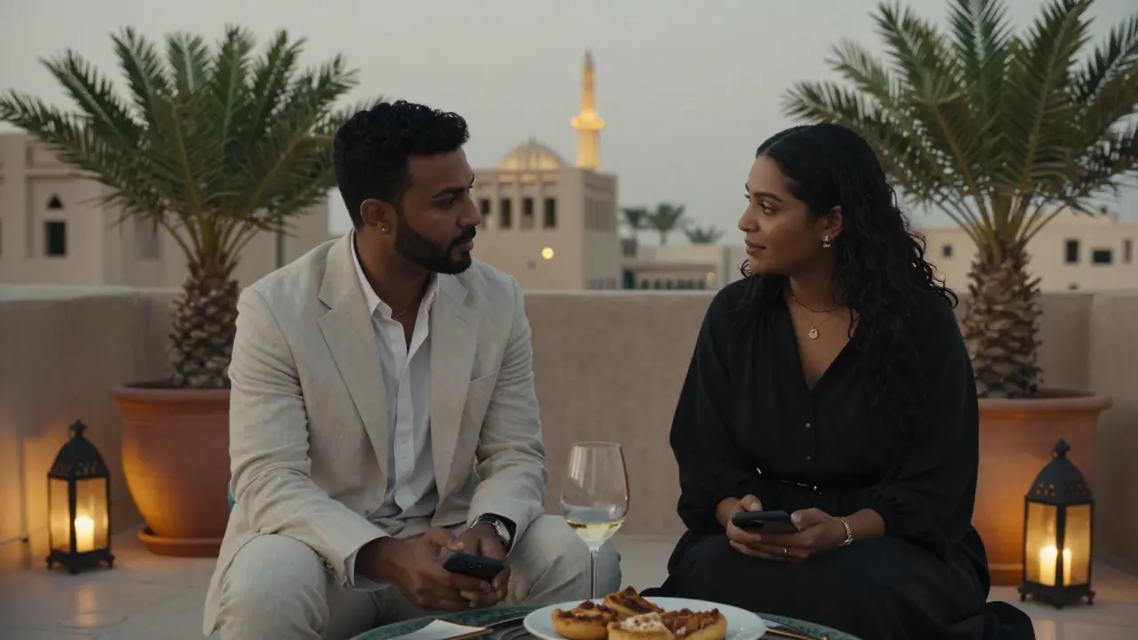 Two people conversing quietly on a rooftop terrace in Abu Dhabi, lanterns glowing, date palms around them.