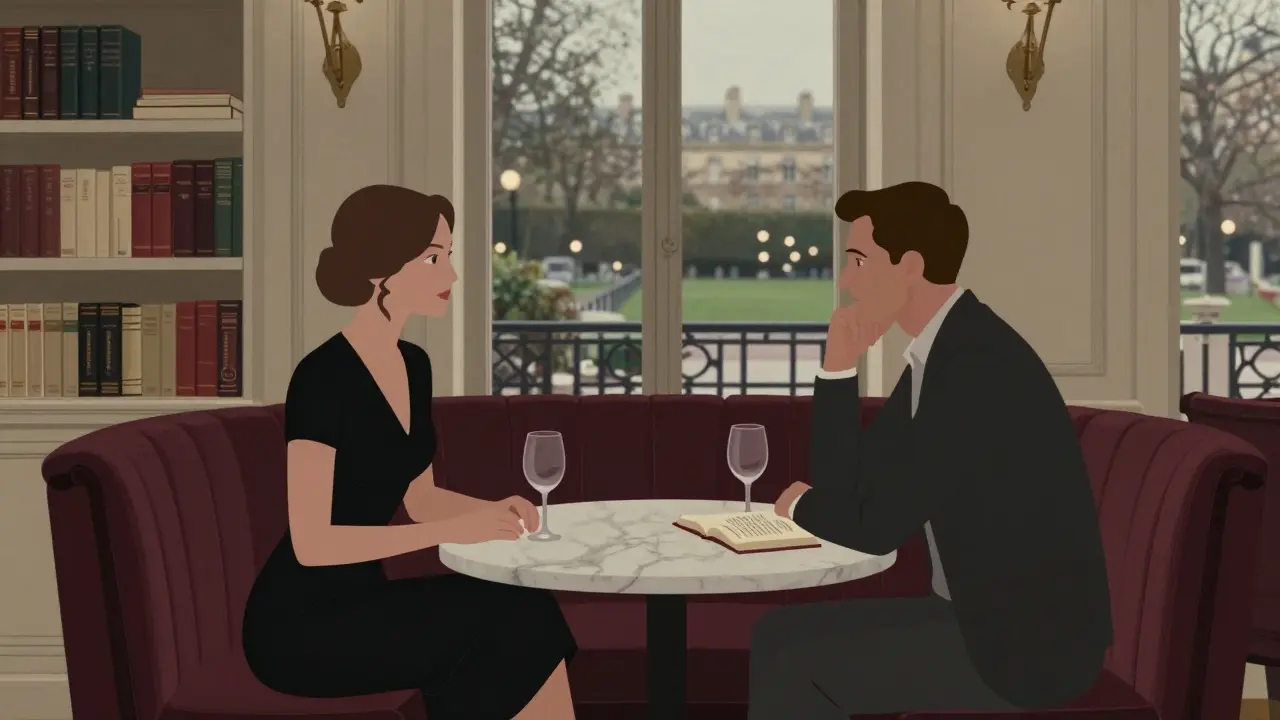 Two people in a quiet Parisian lounge sharing silence over wine and a book.