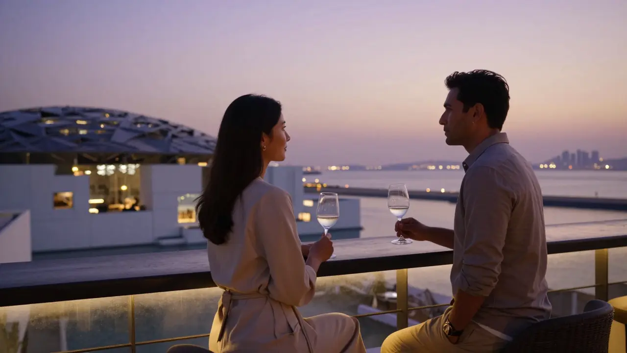 Two people on a rooftop bar at dusk, enjoying the city lights with the Louvre Abu Dhabi in the background.