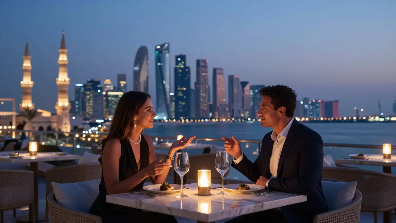 Two people sharing a quiet meal on a rooftop lounge in Abu Dhabi with the city skyline in the background.