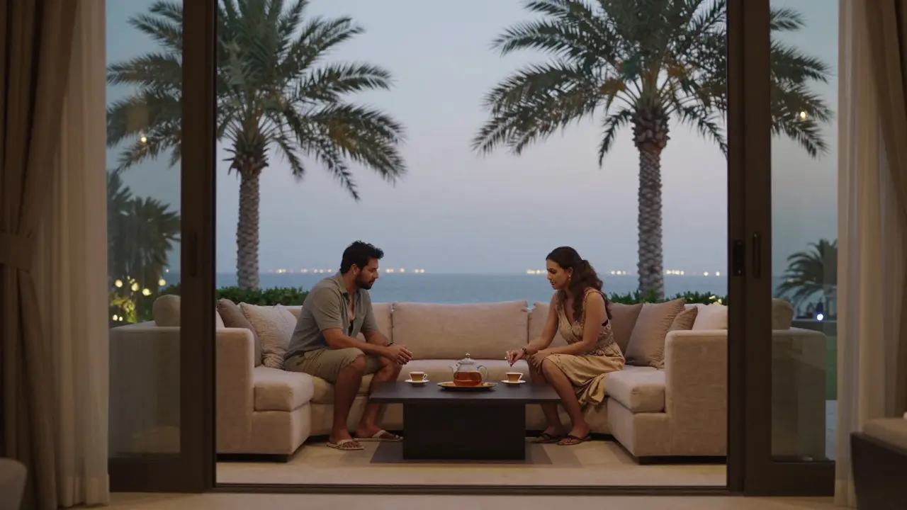 Two people sitting calmly in a luxury Dubai villa at dusk, sharing tea with no physical contact, soft natural light filtering in.