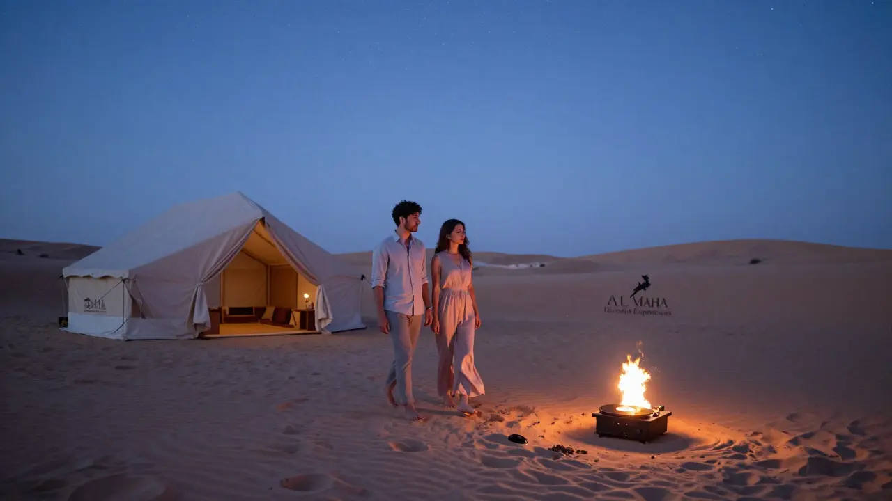 Two people walk peacefully through a desert at night under stars, a fire pit and jazz record player nearby in serene solitude.