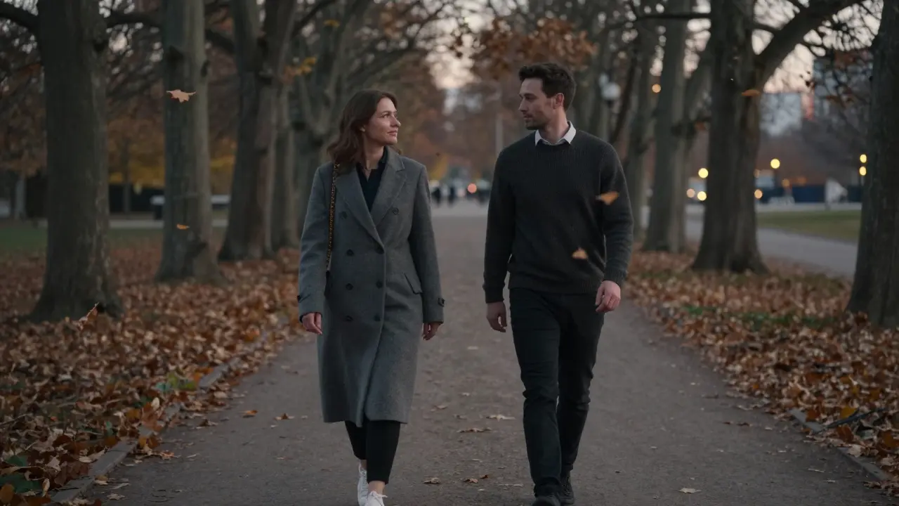 Two people walking peacefully through Tiergarten at dusk, autumn leaves falling, silent companionship.
