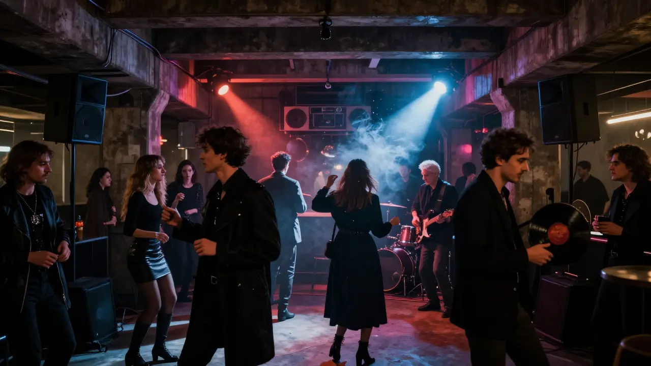 Underground club Alcatraz beneath a train bridge, vibrant crowd dancing under strobing lights with powerful speakers vibrating the walls.