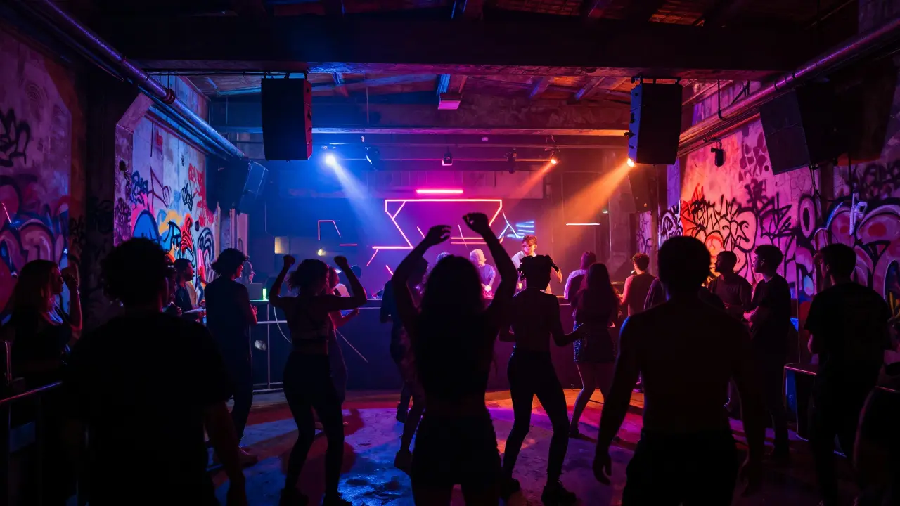 Underground club Alcatraz filled with energetic dancers under pulsing neon lights and strobes.