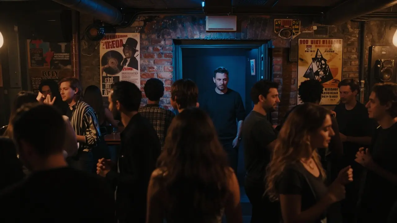 Underground club beneath La Scala with crowd dancing to techno, moody lighting and hidden entrance.