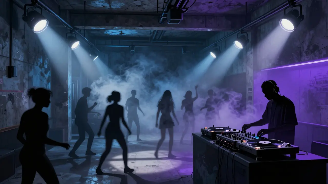 Underground techno club with concrete walls, dancers, and industrial lighting in the dark.