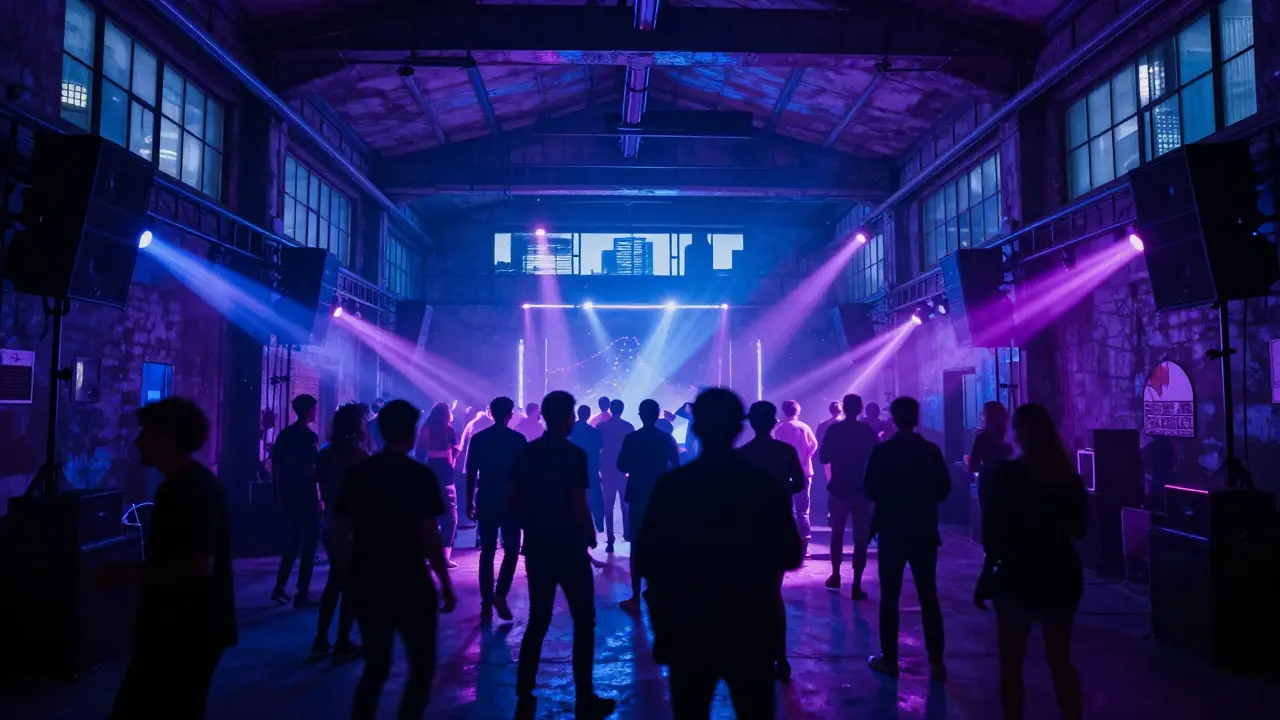 Underground warehouse club at dawn, silhouettes dancing under pulsing neon lights.