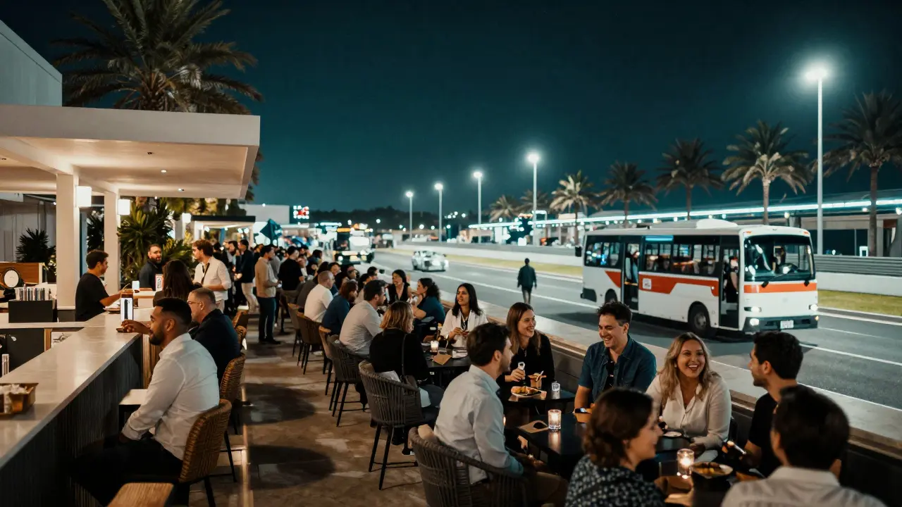 Yas Bay Waterfront at midnight with open-air bars and guests relaxing under ambient lighting.