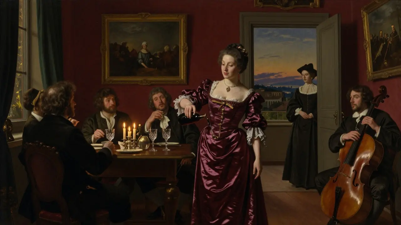 A 17th-century Milanese courtesan hosting artists in a candlelit Brera apartment.
