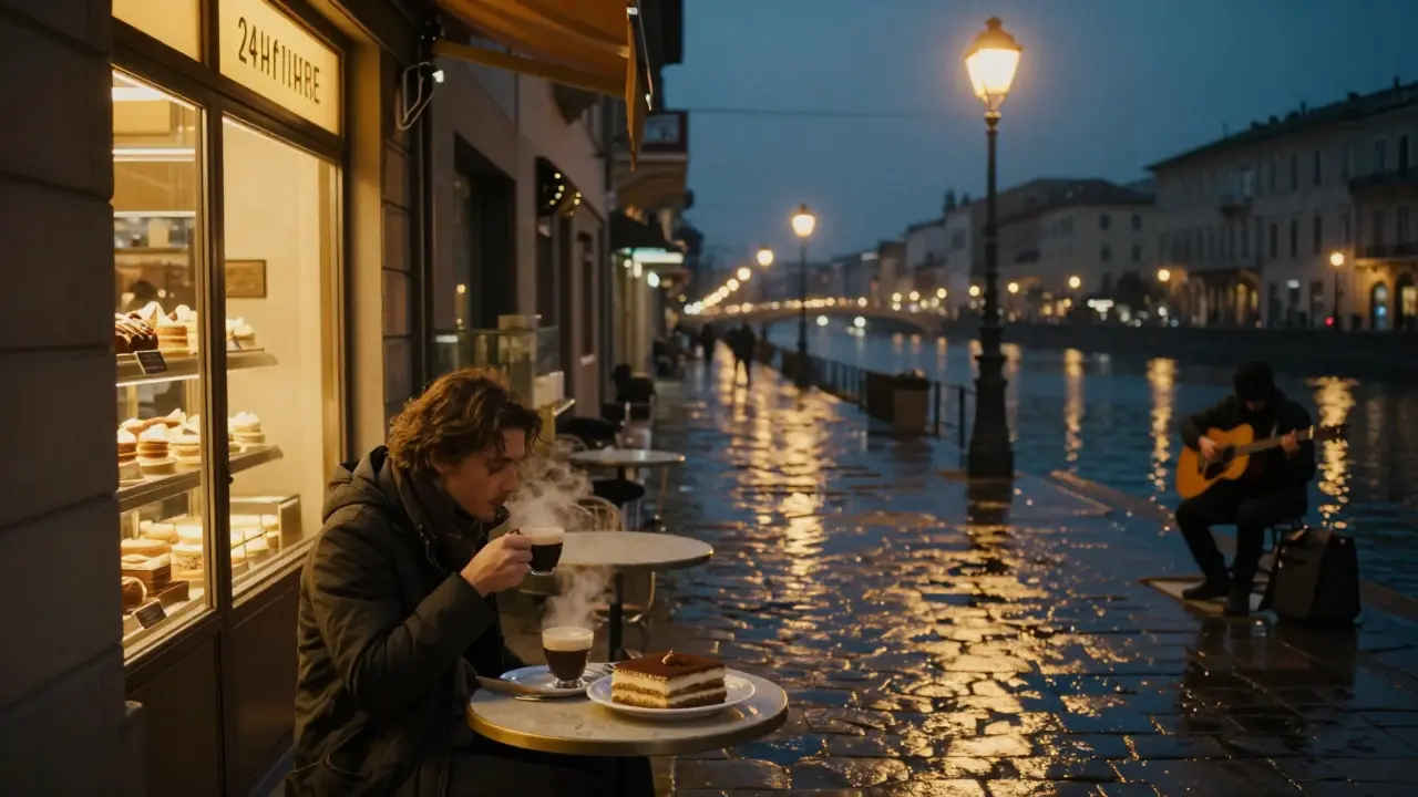 A 24-hour pastry shop at dawn, a lone person drinking coffee as the city sleeps peacefully.