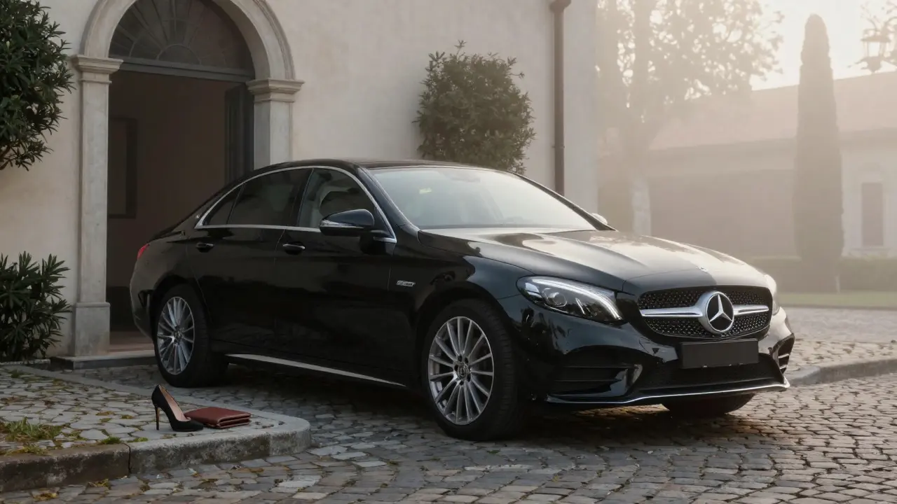 A black Mercedes at dawn outside a hidden villa entrance, a single high-heeled shoe on the curb, representing discreet departure.