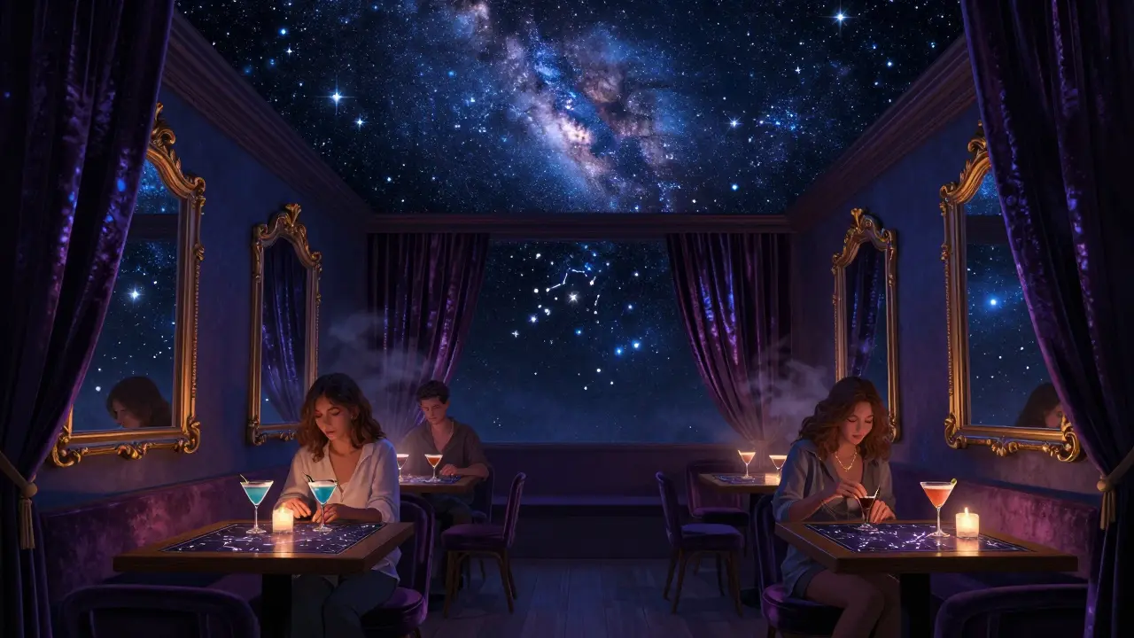 A ceiling filled with a rotating Milky Way above couples sipping constellation-named cocktails in a dimly lit room.