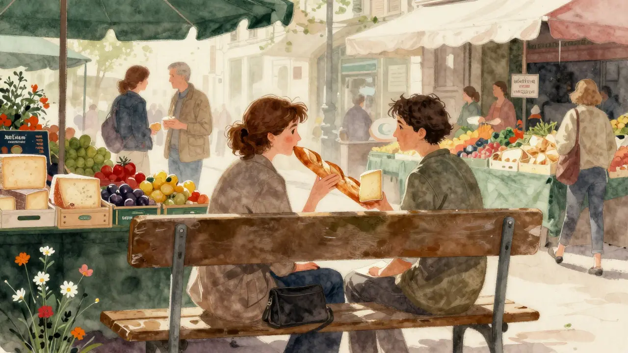 A couple shares fresh bread and cheese at a bustling local market, surrounded by vibrant produce and quiet morning light.