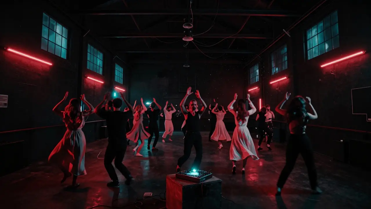 A dark underground club with neon lights and dancers lost in motion, no faces visible, only silhouettes and glowing wires.